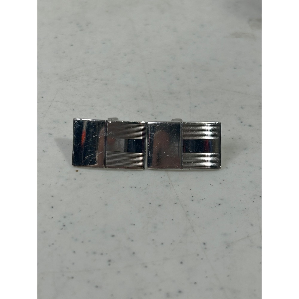 Vintage Silver Tone Rectangular Striped Cufflinks Mid Century Modern Formal Mens